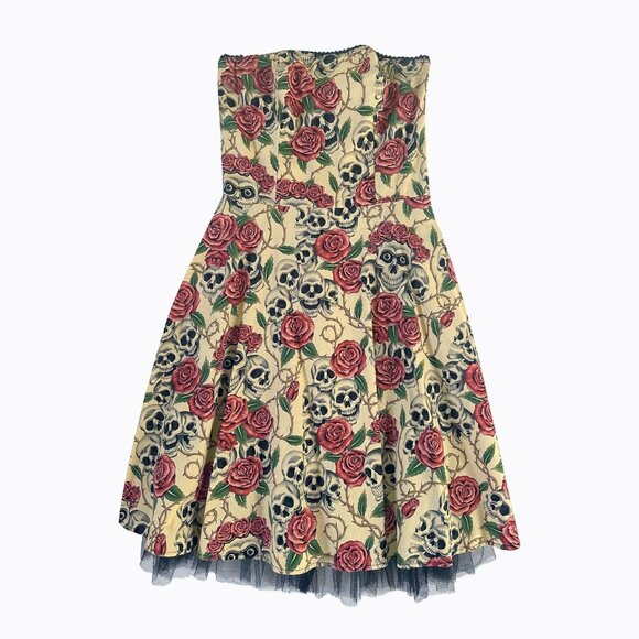 Folter Forever Yours Tattoo Dress Midi Skull Rose Rockabilly Pin-Up Gothic Sz S - Picture 1 of 7